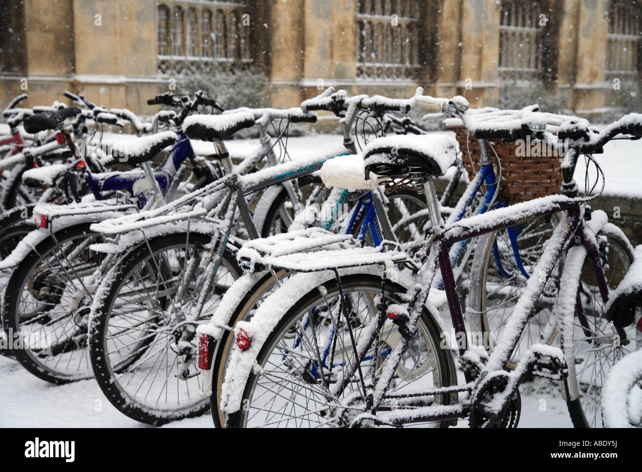 Bicycles outside 'Kings College' Cambridge  in the snow Stock Photo