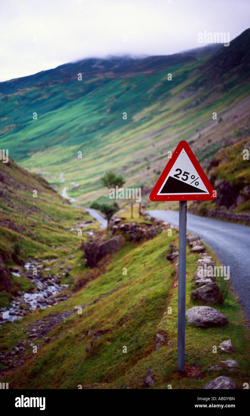 'Honister Pass', Lake District, looking down road with 'road sign' in the foreground. Stock Photo