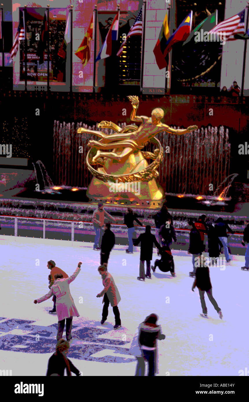 Rockefeller center plaza Fifth avenue NYC New York City skating ring rink  30 Rock Prometheus statue Stock Photo - Alamy