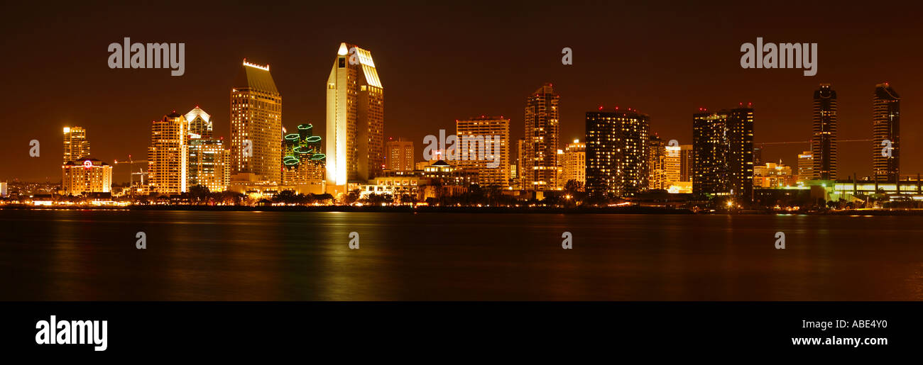 Panoramic of downtown San Diego skyline at night from Coronado Island California Stock Photo