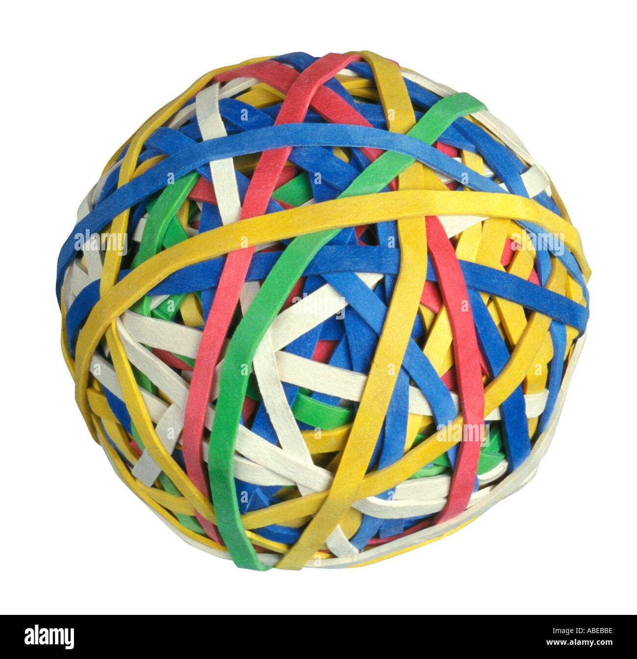 A bundle of colorful rubber elastic bands forming a round ball or