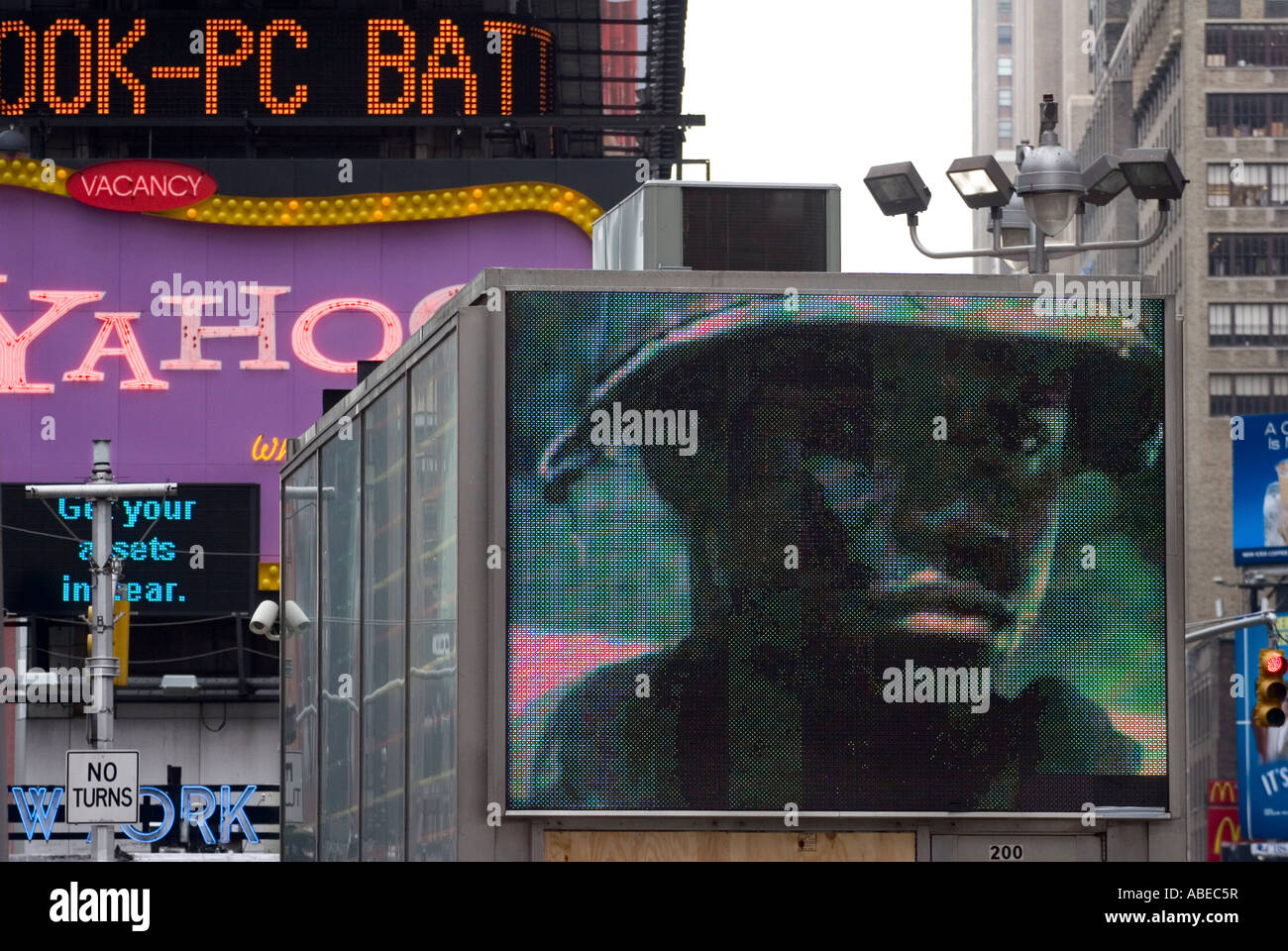 A video screen near a military recruiting center in Times Square, New York, New York. Stock Photo