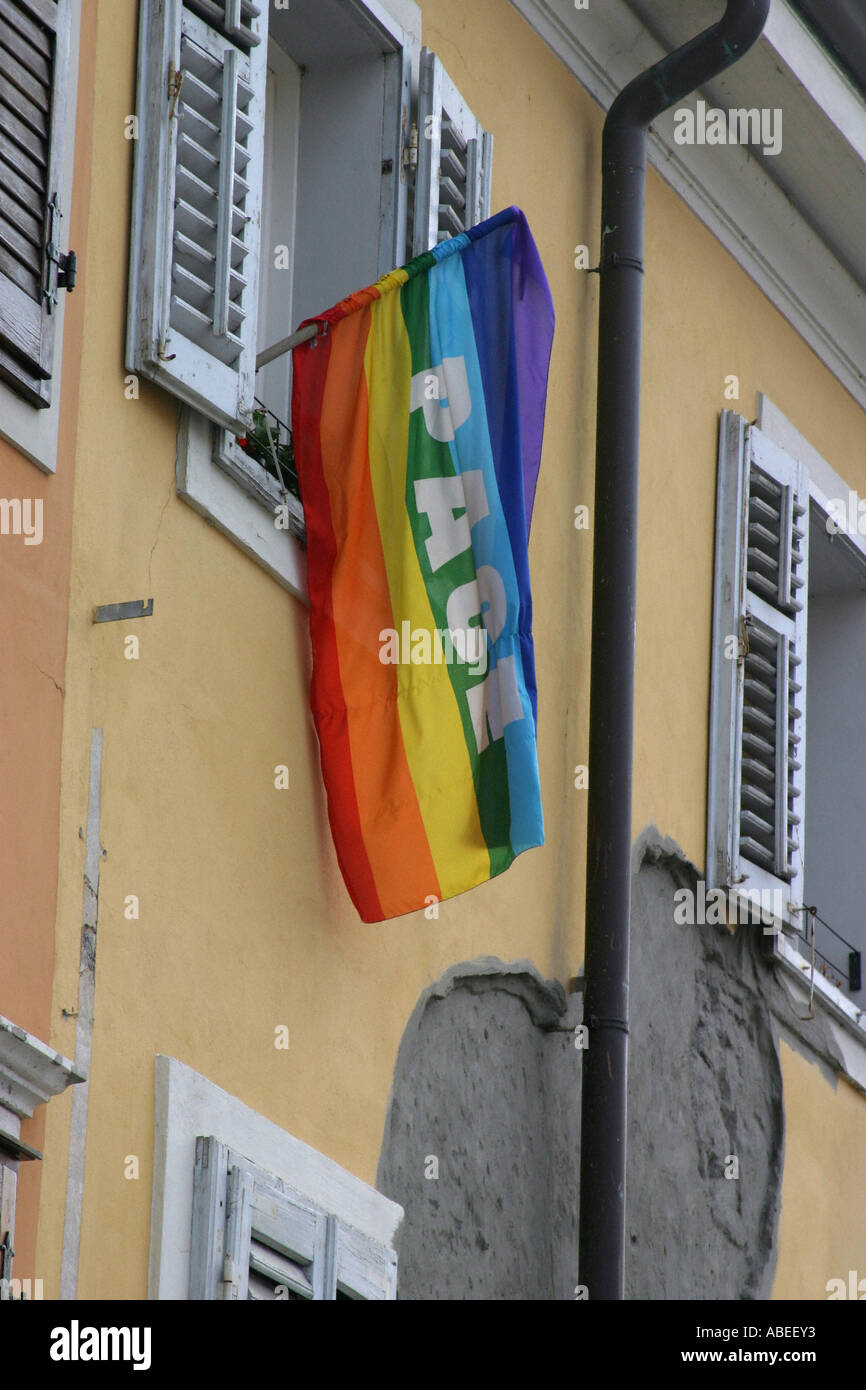 Peace flag in a window in Italy Stock Photo