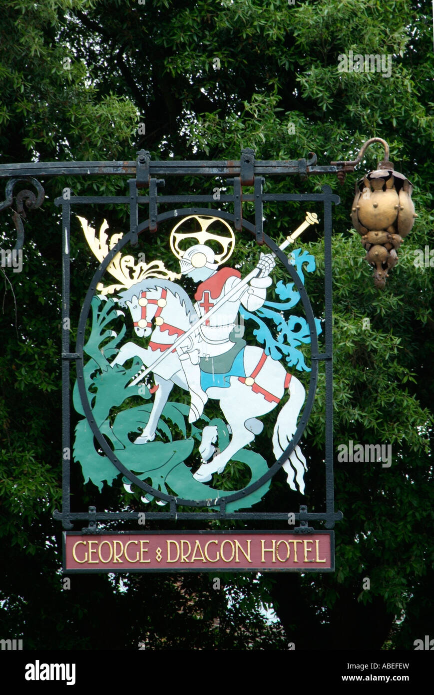 George Dragon hotel Pub sign square on mythical inn ale beer advertising great budworth village Northwich Cheshire England UK Br Stock Photo