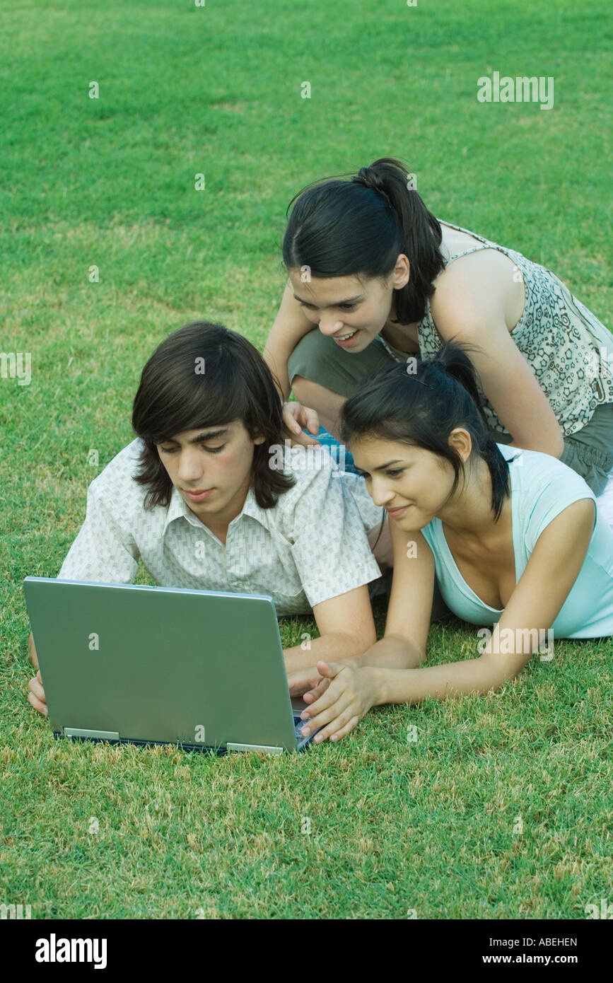 Group of young friends lying in grass using laptop Stock Photo