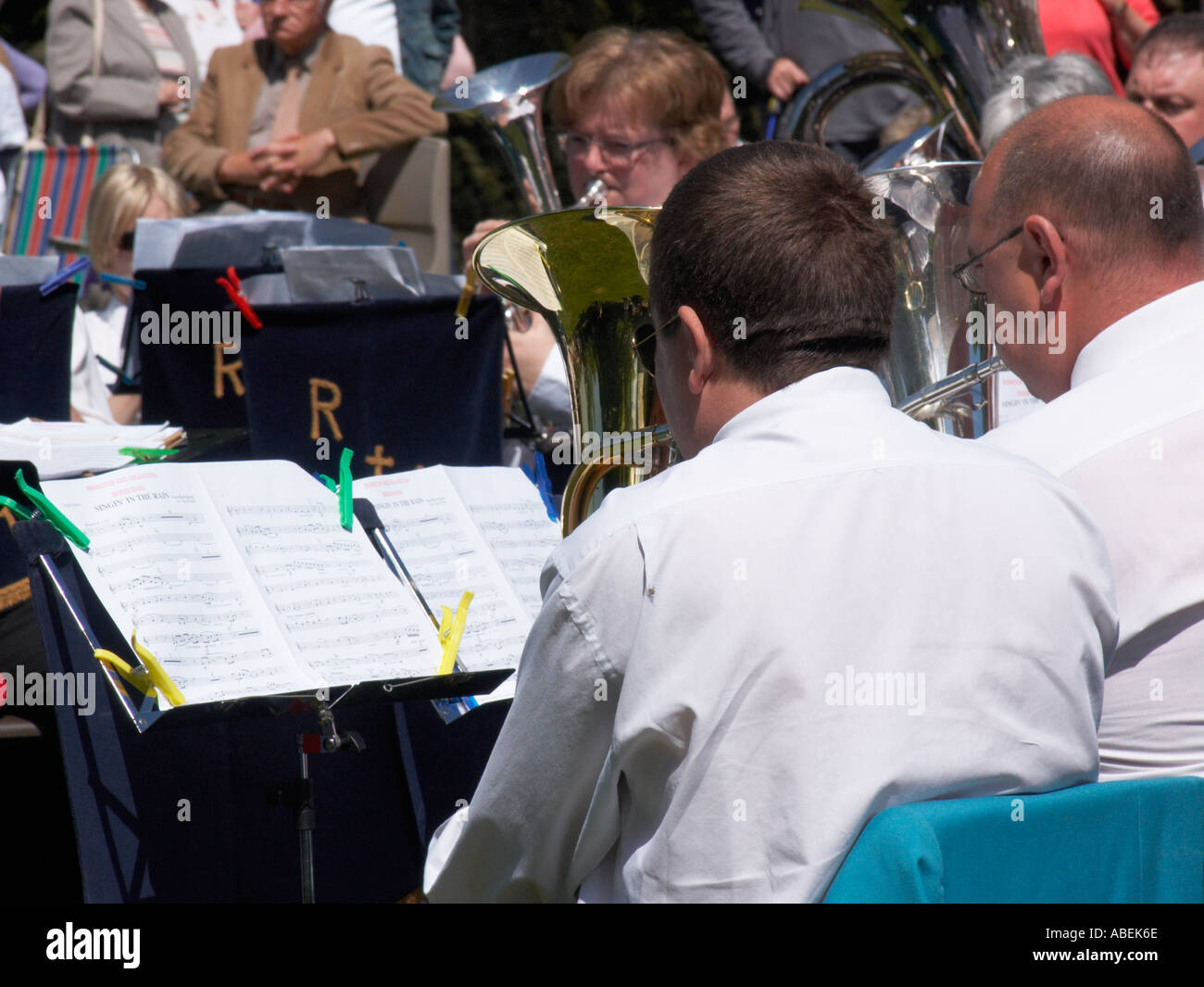 Brass band playing on village green in Rivington Lancashire Stock Photo