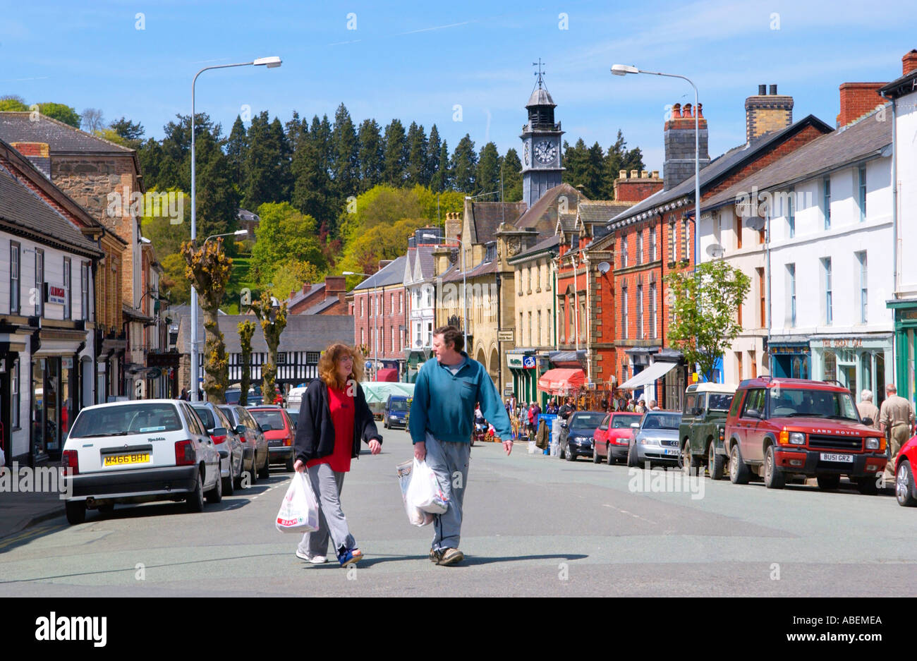 Shops and local open air market at Llanidloes Powys Mid Wales UK Stock