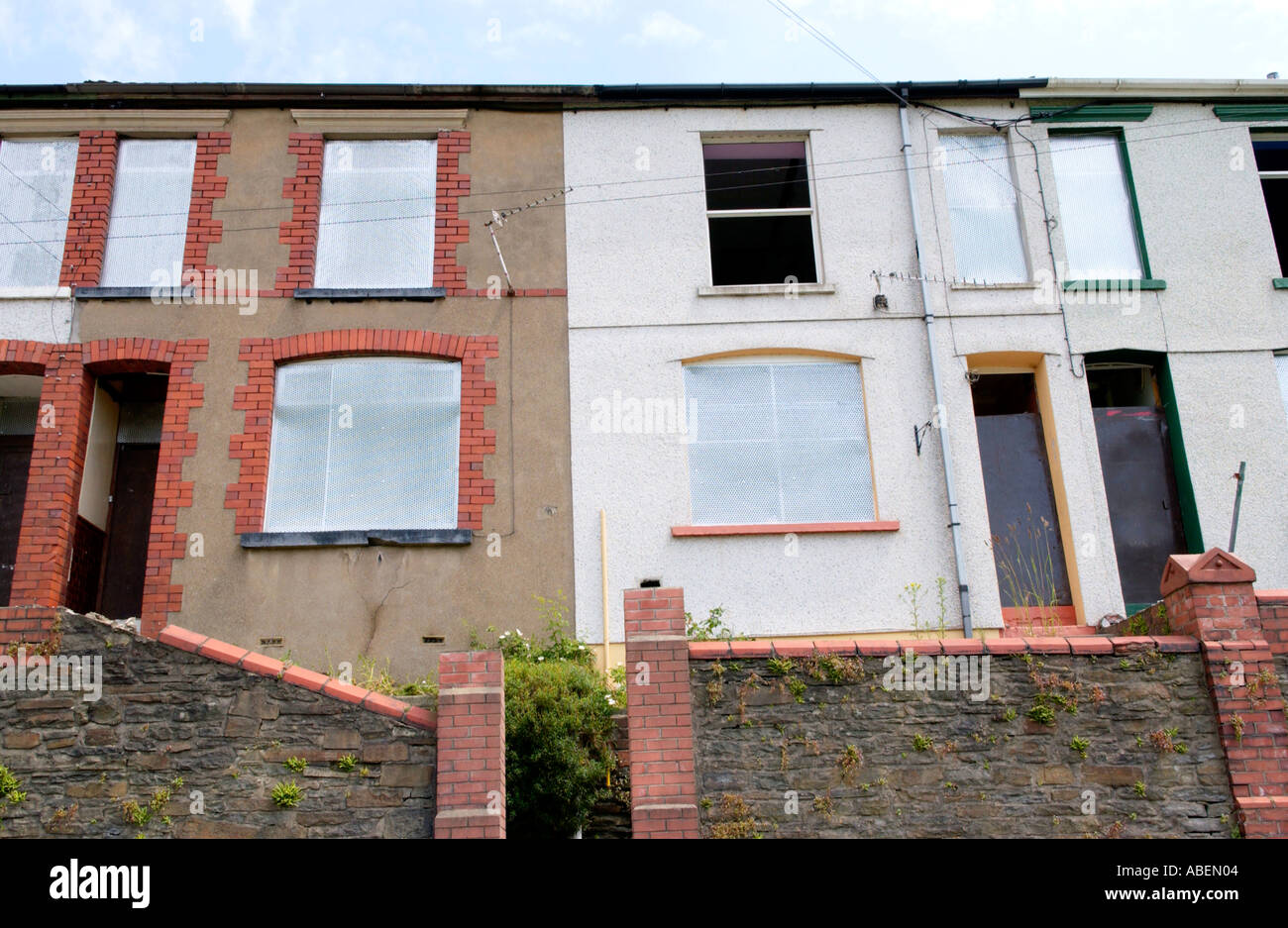 Terraced houses boarded up and waiting demolition at Merthyr Vale near