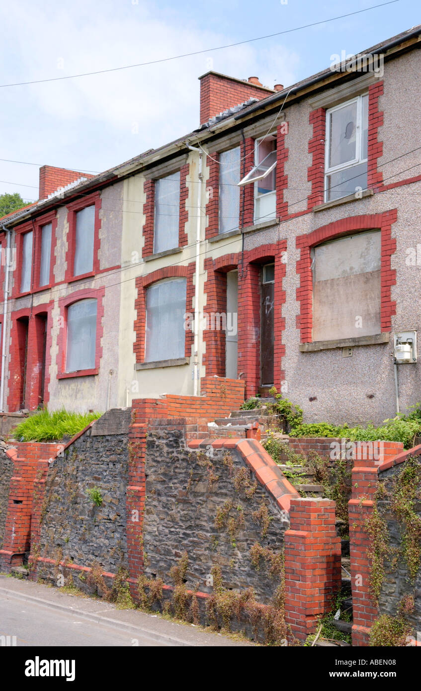 Terraced houses boarded up and waiting demolition at Merthyr Vale near