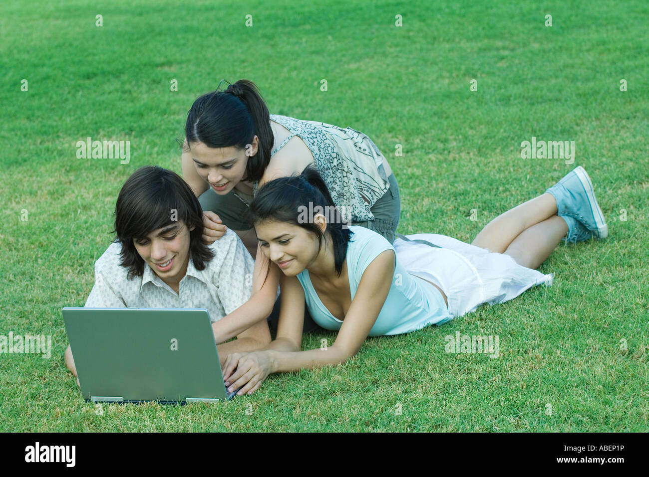 Young friends lying in grass, using laptop together Stock Photo