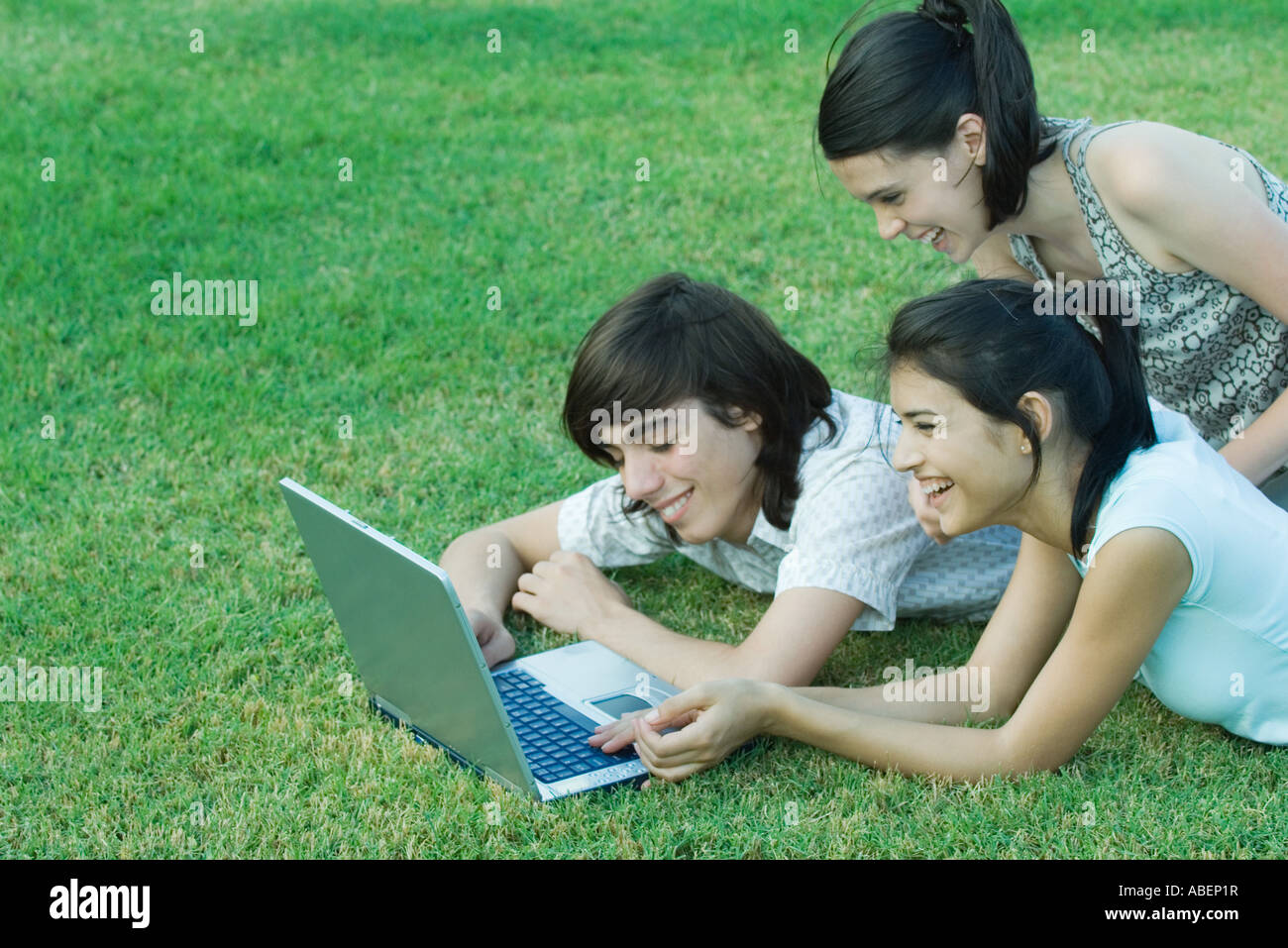 Young friends lying in grass, using laptop together Stock Photo