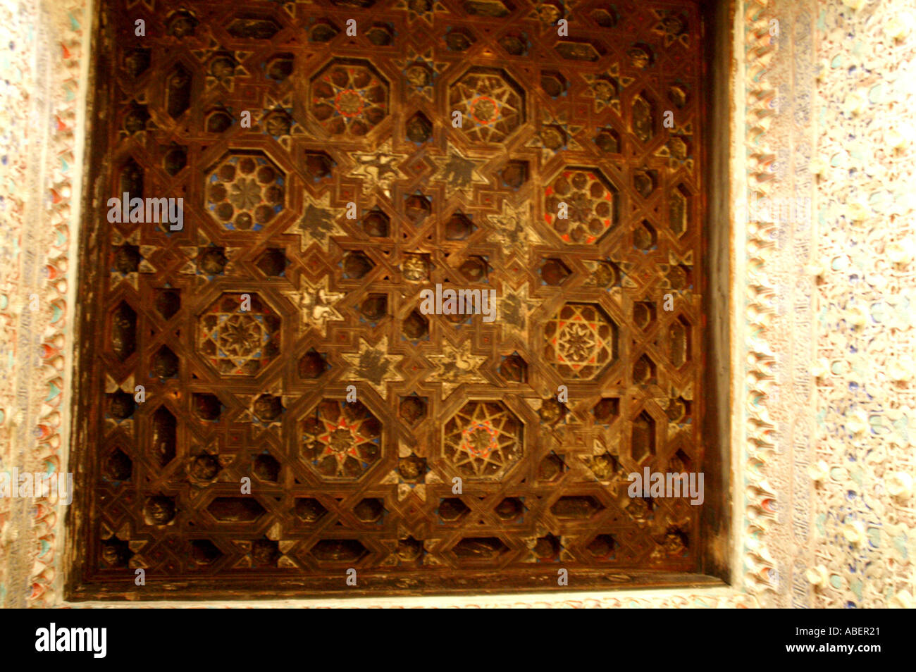 Ornate wooden ceiling in Alcazar former moorish fortress in Seville ...