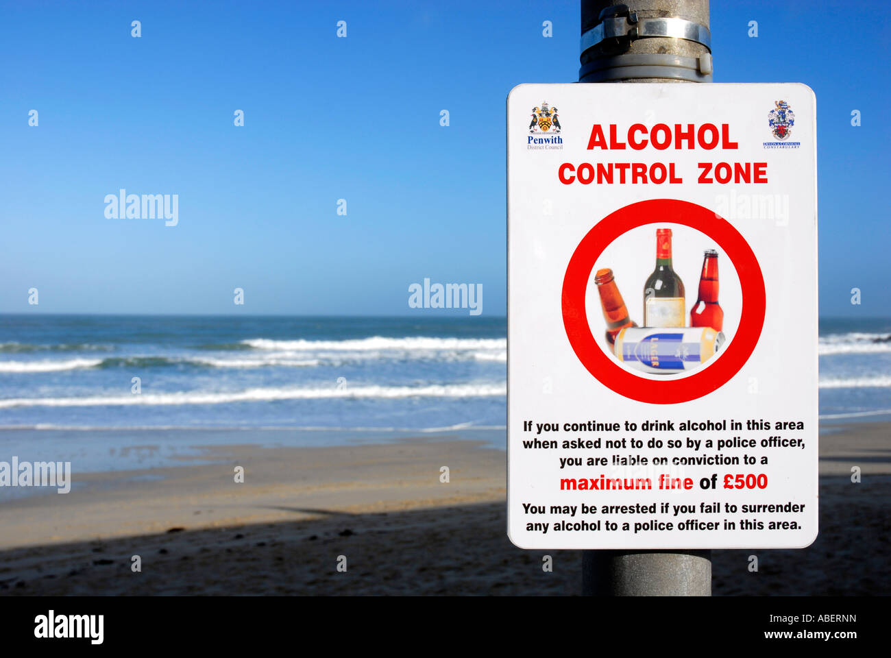 Alcohol Control sign on a beach Stock Photo Alamy