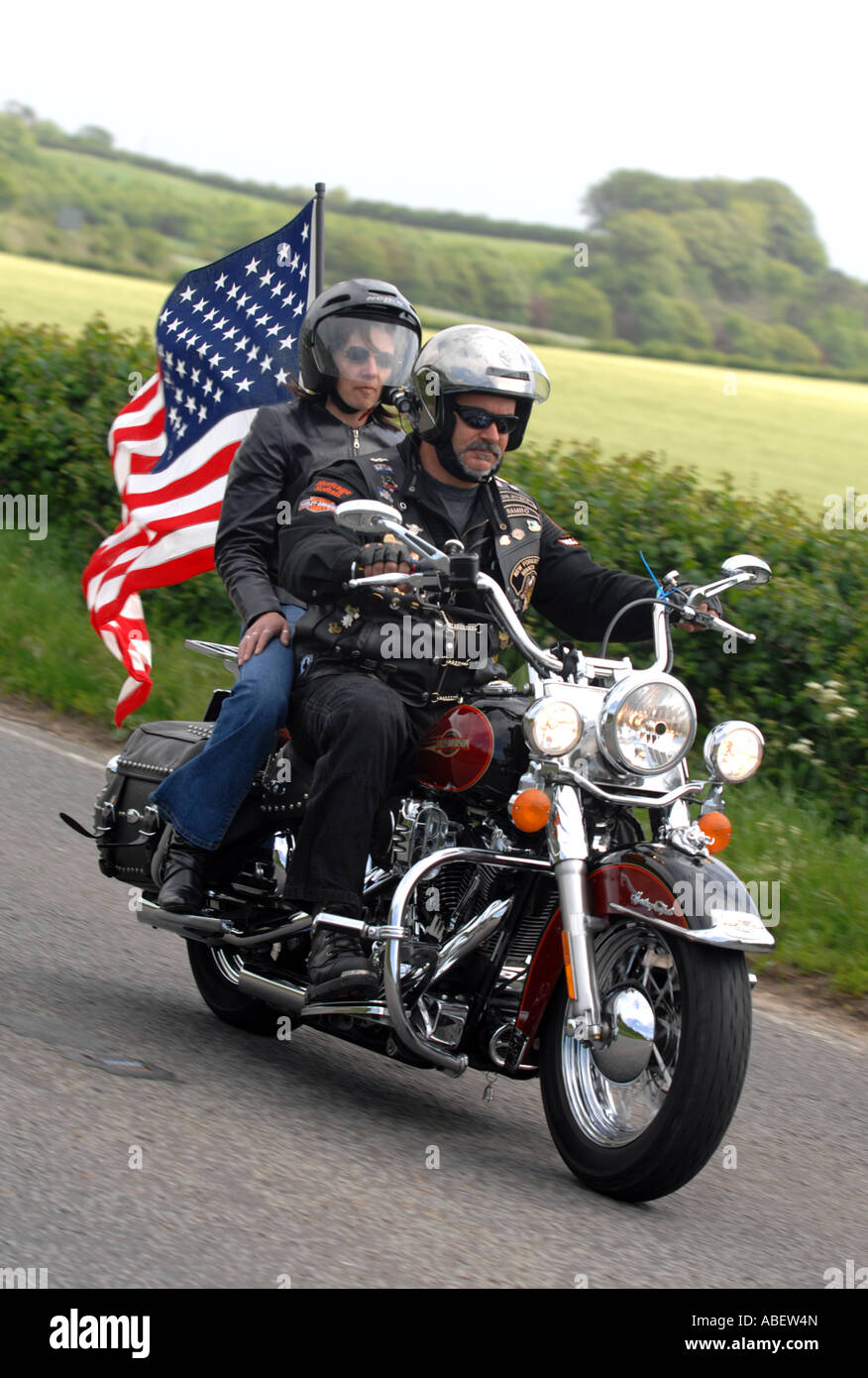 Harley Davidson motorcycle with American flag Stock Photo Alamy