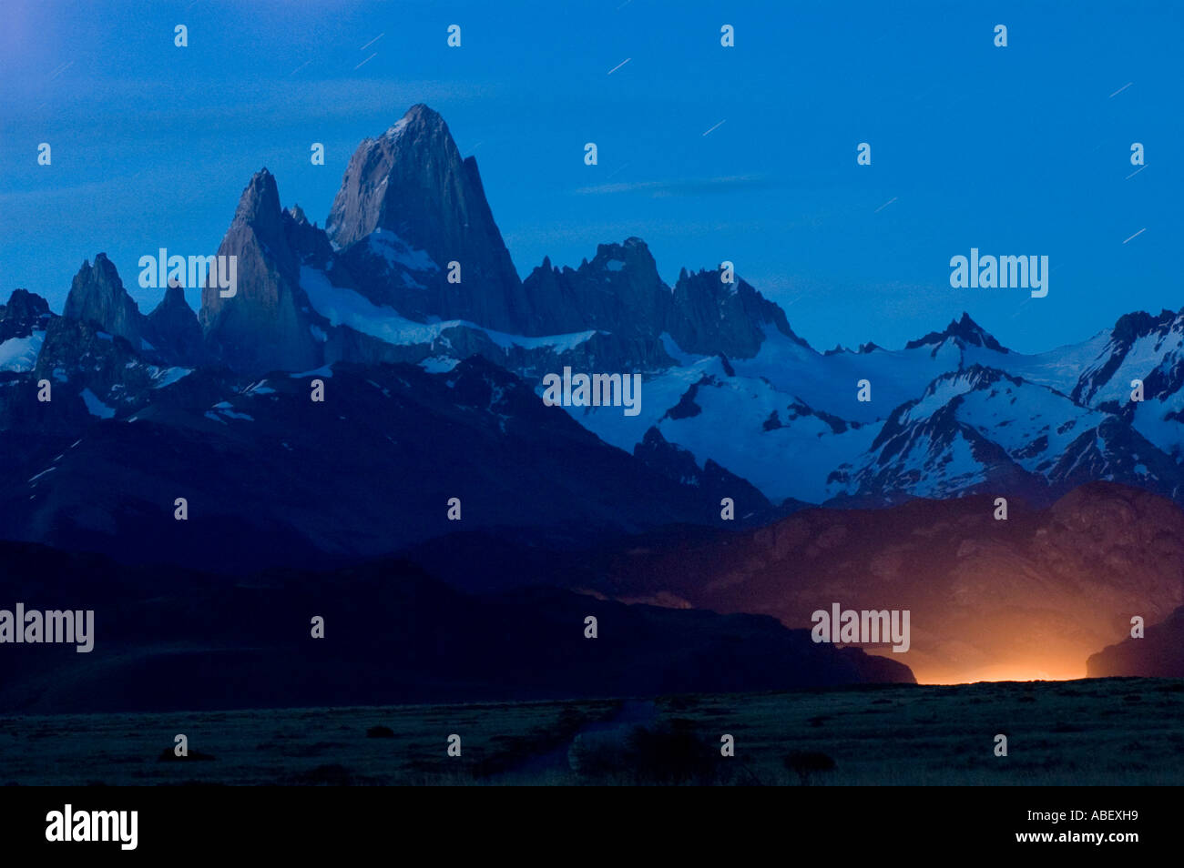 Night View of Mount 'Fitz Roy' (3405m) also called “Chalten” in Patagonia, Province of Santa Cruz, Argentina Stock Photo