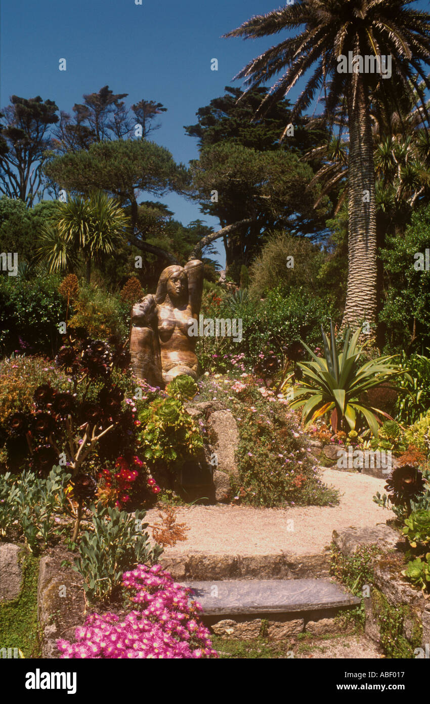 Gaia statue in the Abbey Gardens on the island of Tresco Isles of Scilly Cornwall United Kingdom Stock Photo