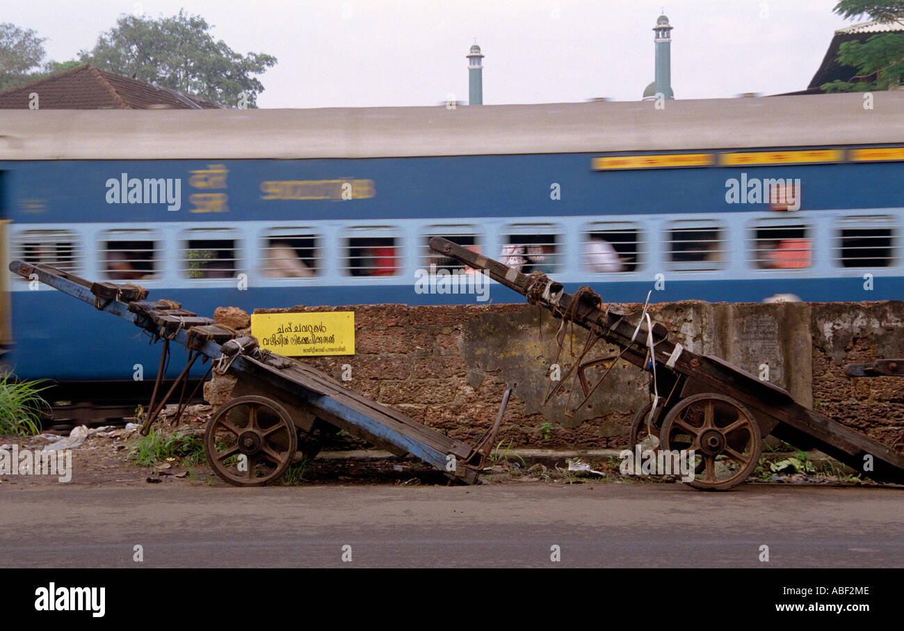 Two stationary carts and a fast moving train picture showing the