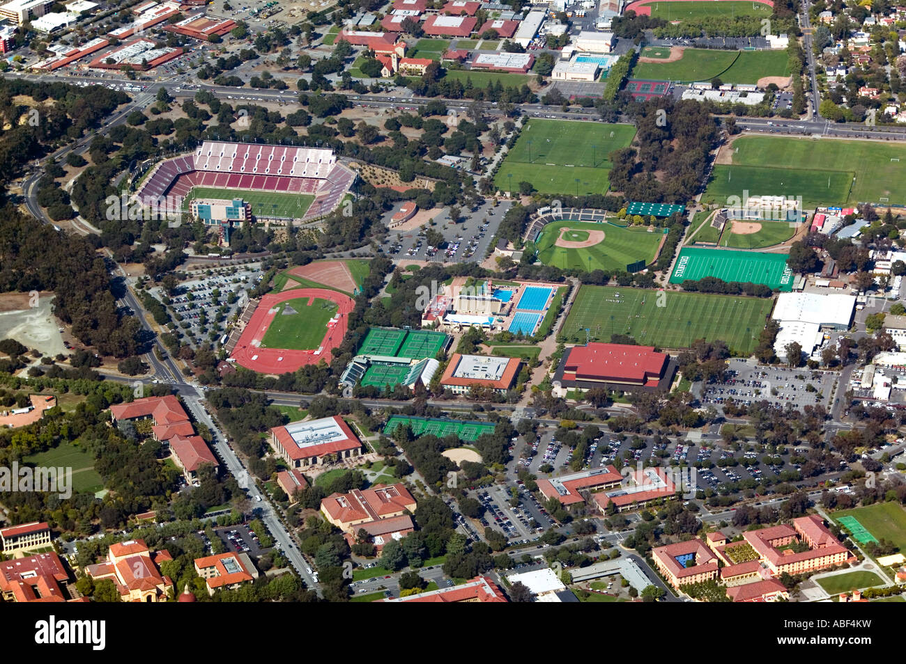 aerial above Stanford Stadium and athletic center Palo Alto California Stock Photo