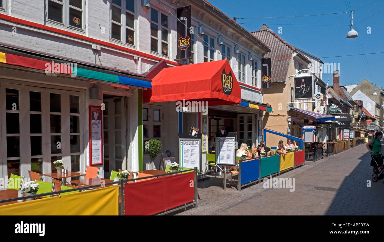 Famous Jomfru Ane Gade in Aalborg with restaurants and cafe facilities side  by side Stock Photo - Alamy