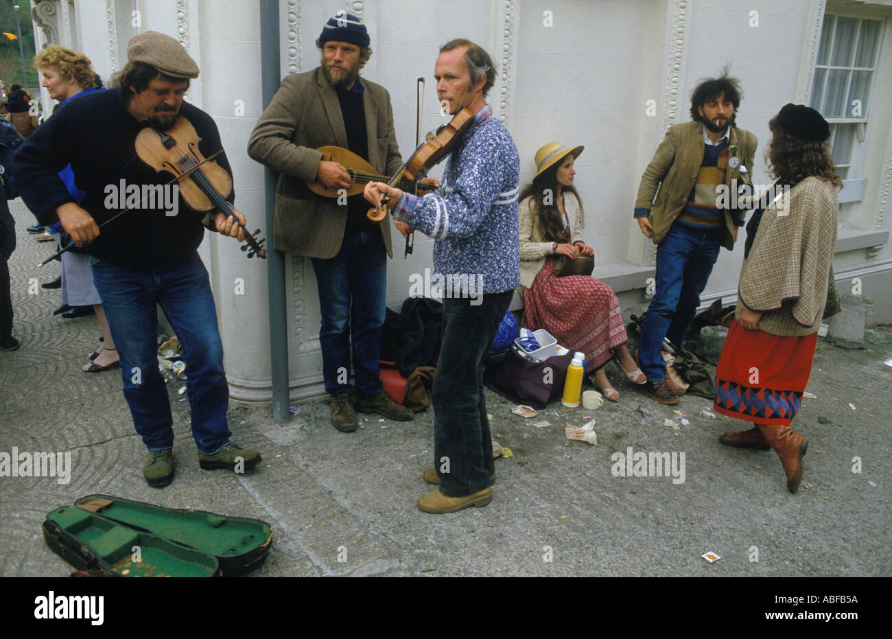 Street Musicians play traditional English folk music UK Helston
