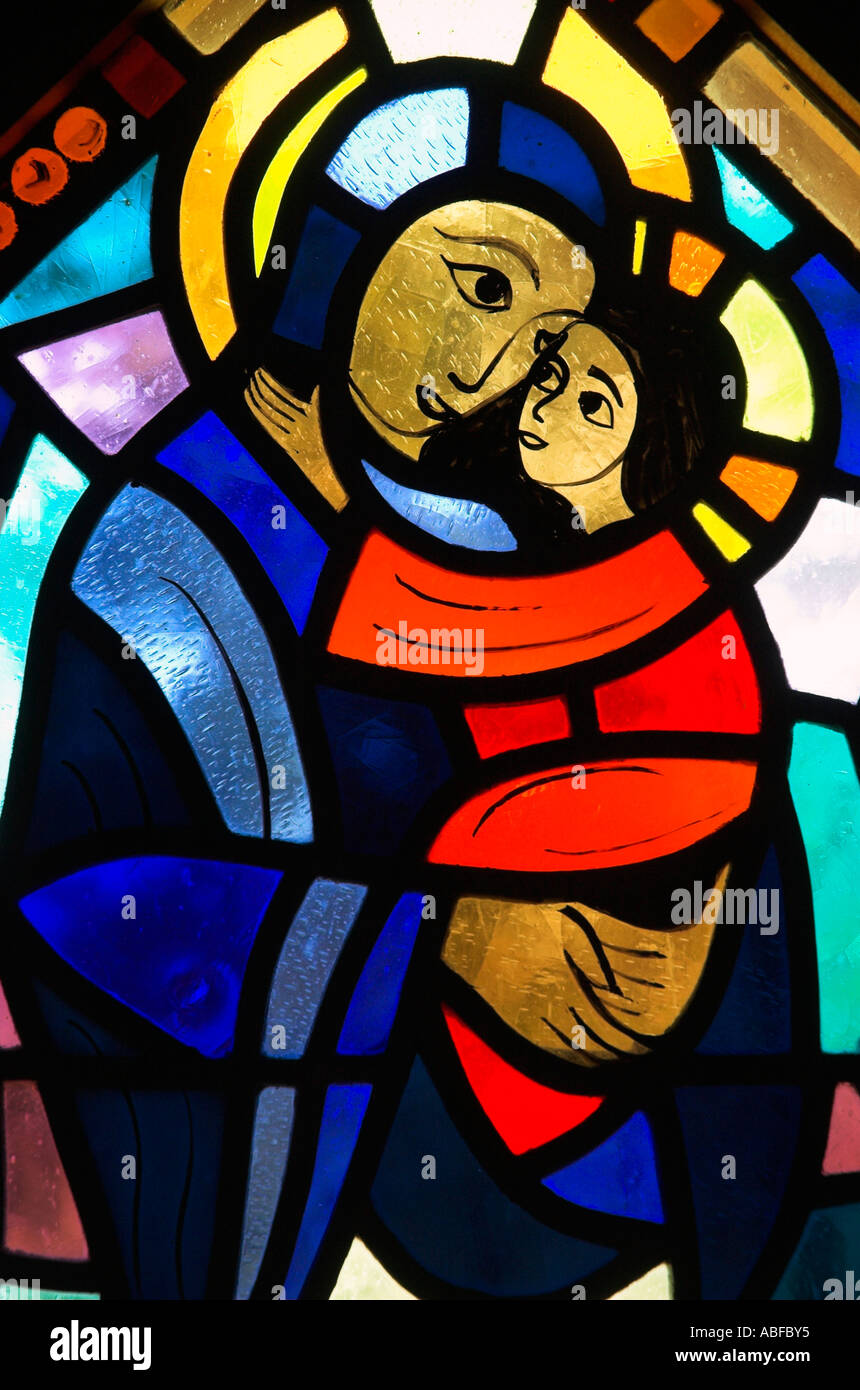 A stained glass window of mary & jesus in the chapel at the benedictine monastery of Abbaye de St Benoit du Lac in Estrie Quebec Stock Photo