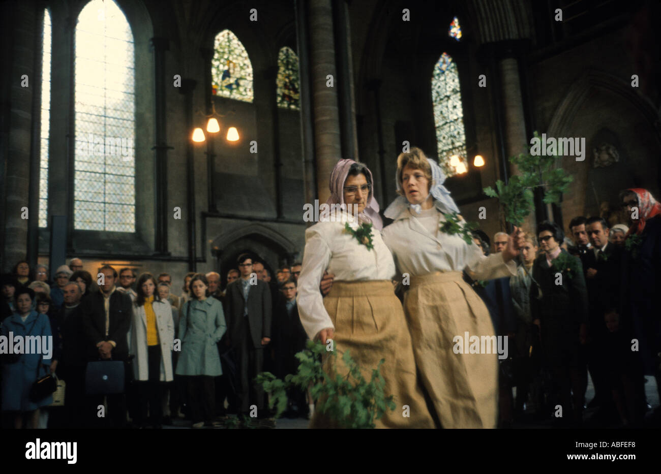 Salisbury Cathedral 1970s Uk May 29th Grovely Forest Rights villagers from Great Wishford Wiltshire traditional dance at dawn inside 1970s HOMER SYKES Stock Photo