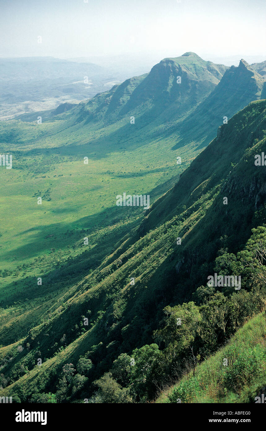 Looking north west over the dramatic drop from Maralal mountain into the Great Rift Valley in northern Kenya East Africa Stock Photo