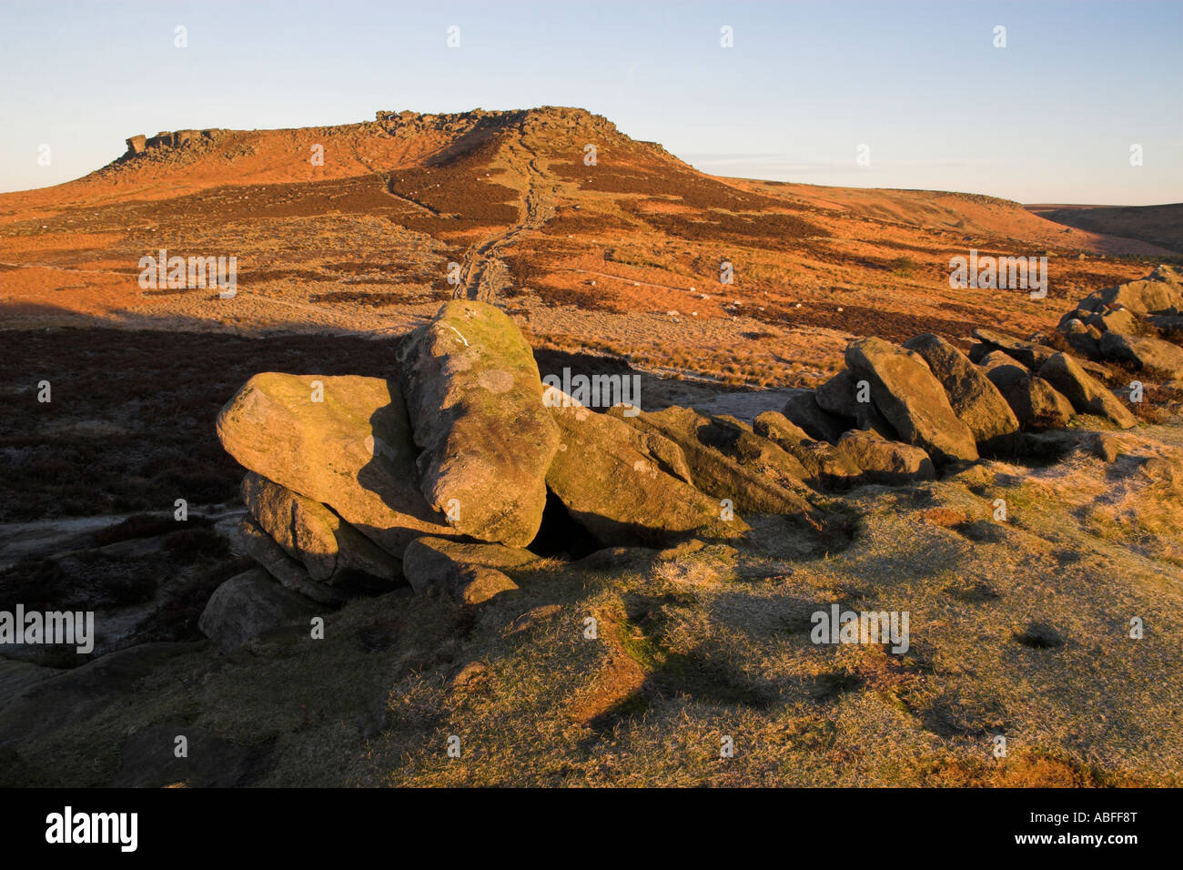 Higger Tor at dawn, view from Carl Wark hill fort, Peak District National Park, South Yorkshire, England Stock Photo