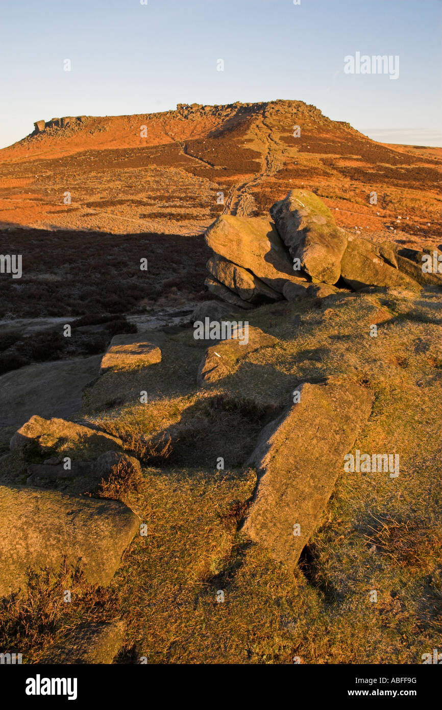 Higger Tor at dawn, view from Carl Wark hill fort, Peak District National Park, South Yorkshire, England Stock Photo