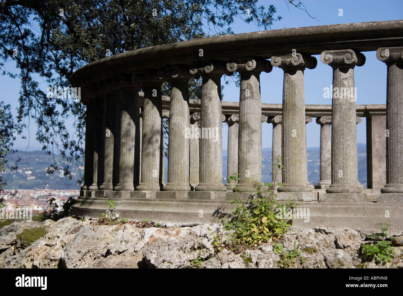 Balustrade made from ionic columns in a garden on the hills above Florence, Tuscany, Italy, Europe. Stock Photo