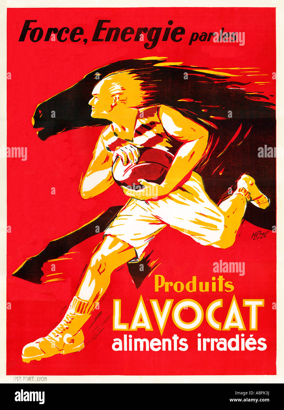 Lavocat Rugby Poster from the 1930s with a dynamic rugger horse combination to advertise the irradiated food Stock Photo