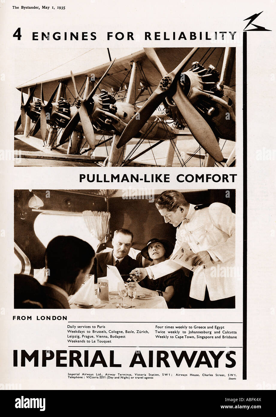 Imperial Airways 1935 advert for the British airline illustrating the luxurious service and the 4 engines for reliability Stock Photo