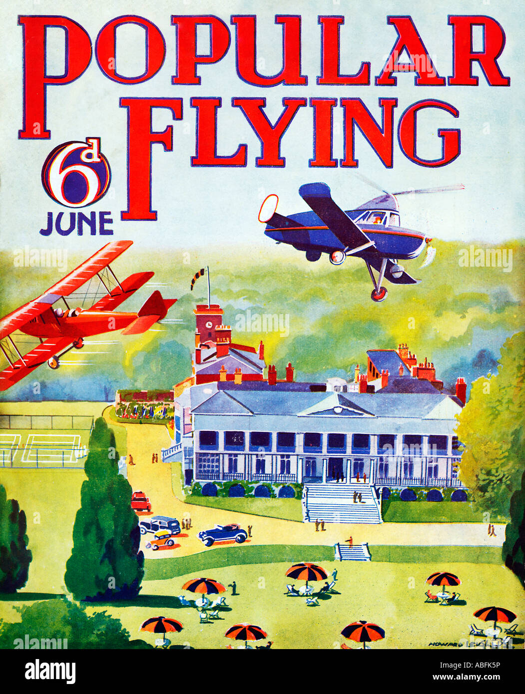 Popular Flying 1932 magazine for flying enthusiasts with a biplane and autogyro buzzing a smart country club Stock Photo