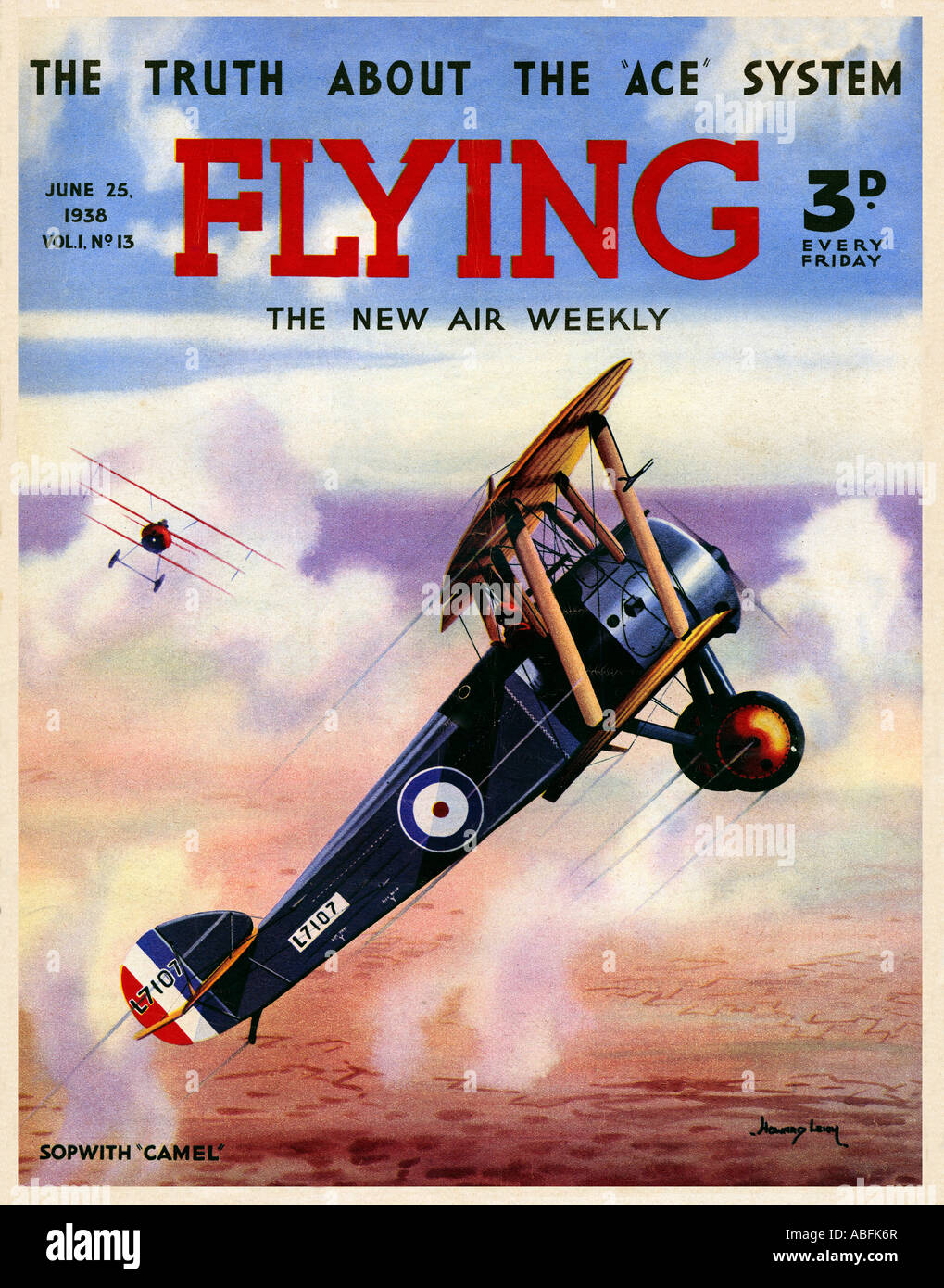 Flying Sopwith Camel 1938 magazine cover with the iconic British WWI fighter in a dogfight with a Fokker triplane Stock Photo