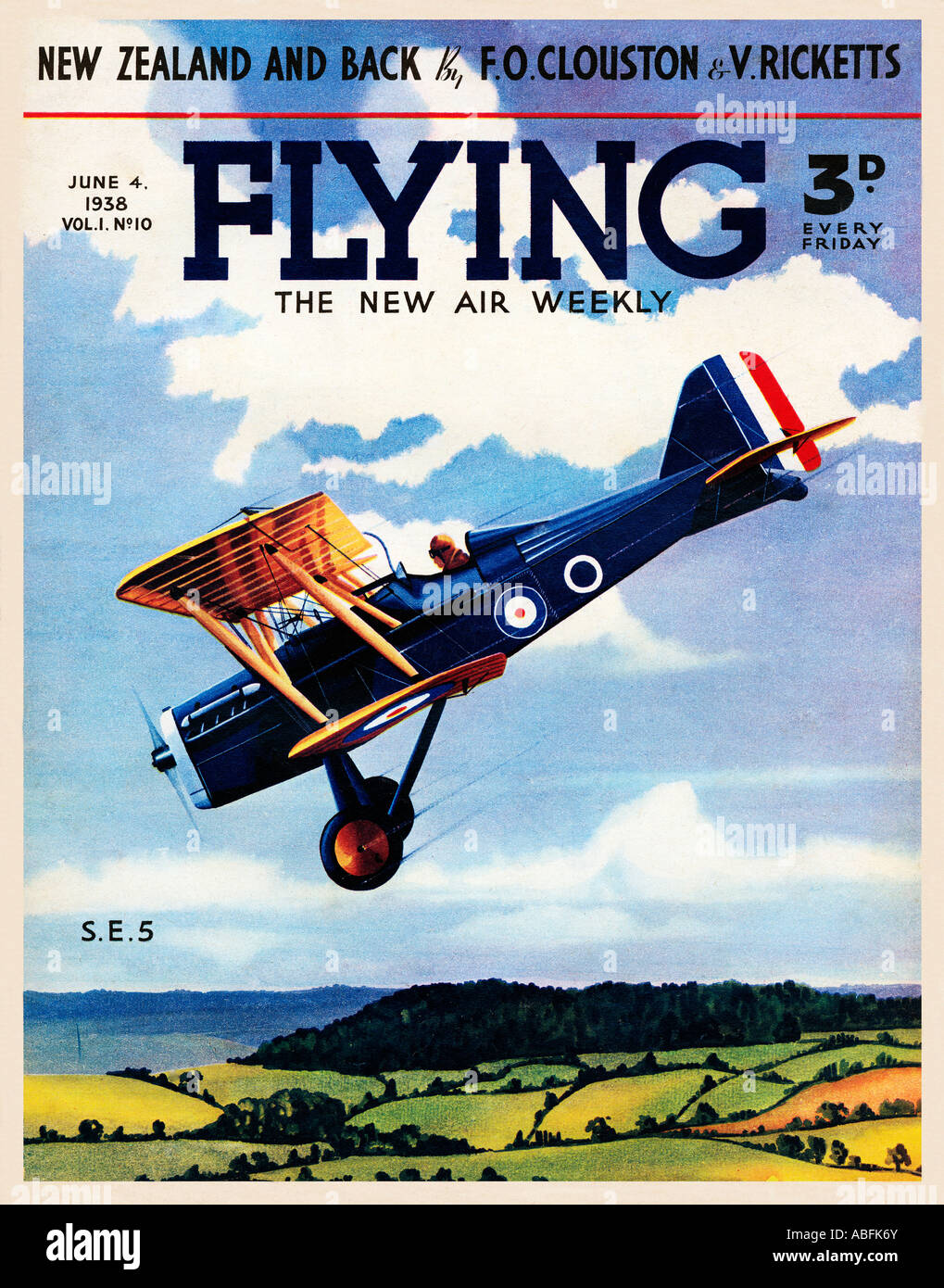 Flying SE5 1938 magazine illustrating the British fighter from the Royal Aircraft Factory first introduced in 1917 Stock Photo