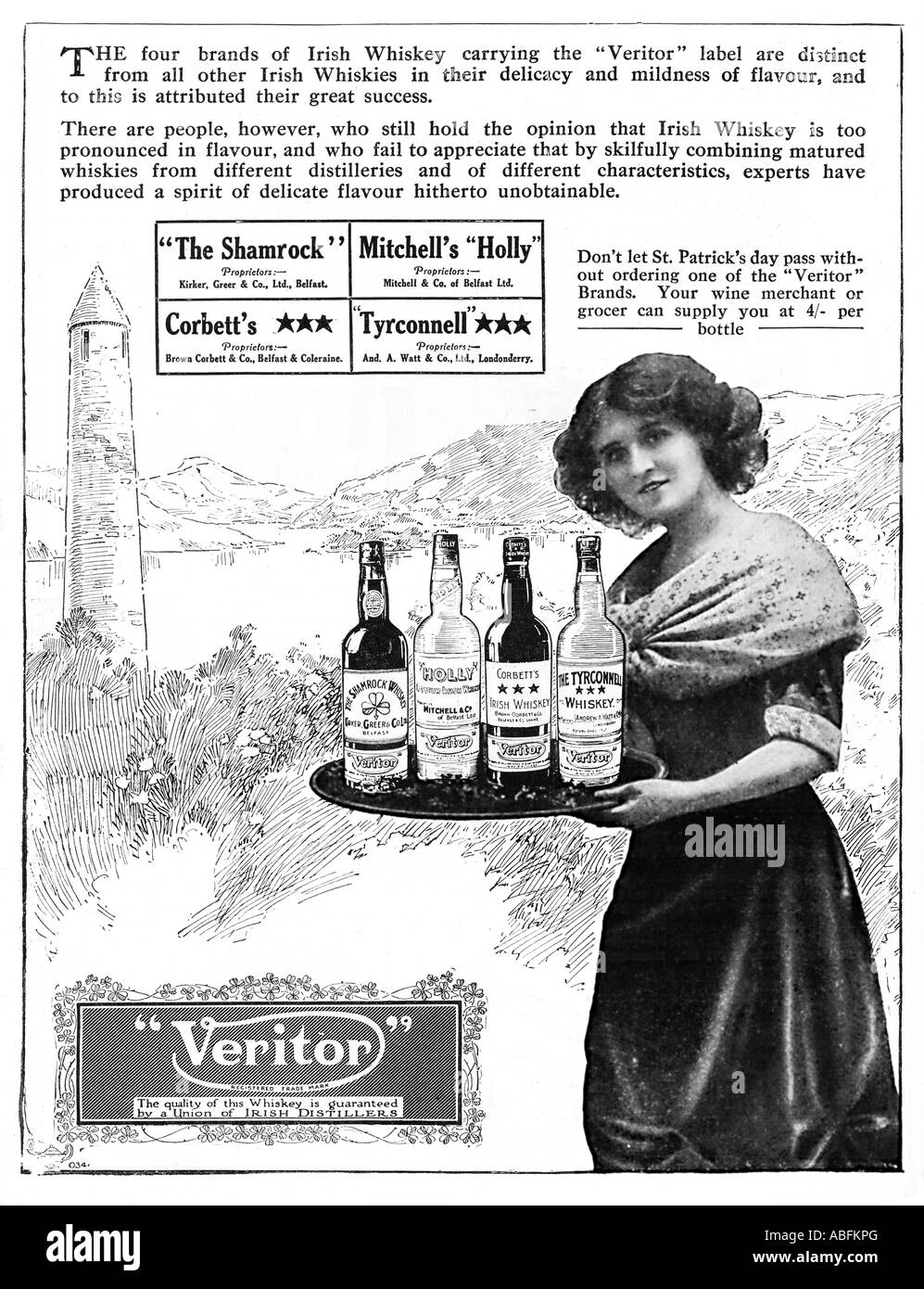 Veritor Irish Whiskey 1912 advert for the four brands of blended whiskey produced in Ulster distinctive by their delicacy Stock Photo