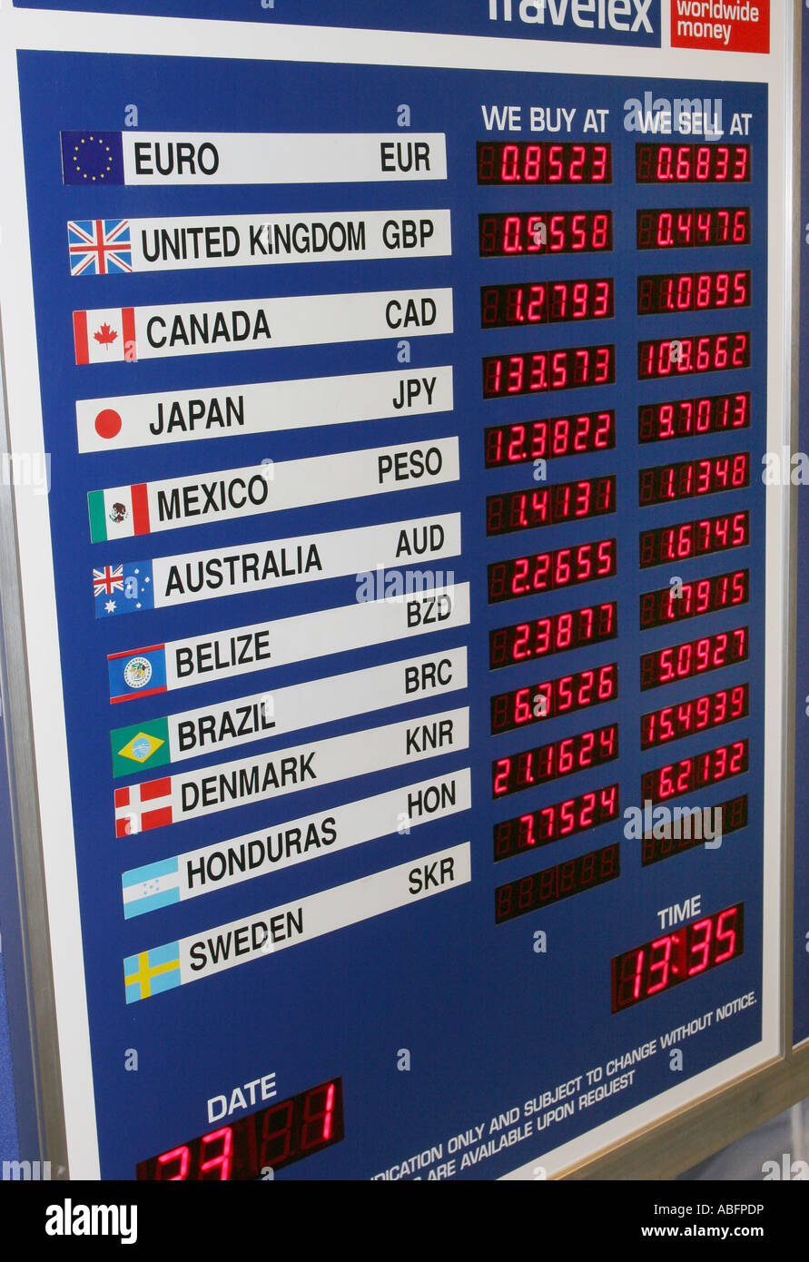 Foreign exchange board international airport hires stock photography