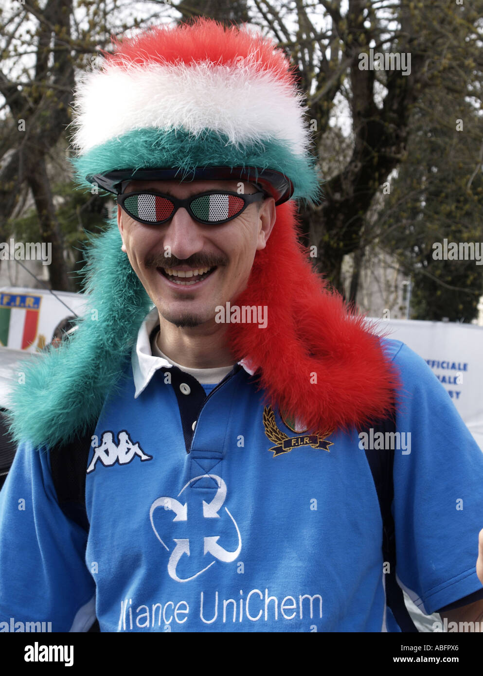 Italian rugby fan with red white and green hat and glasses Stock Photo ...
