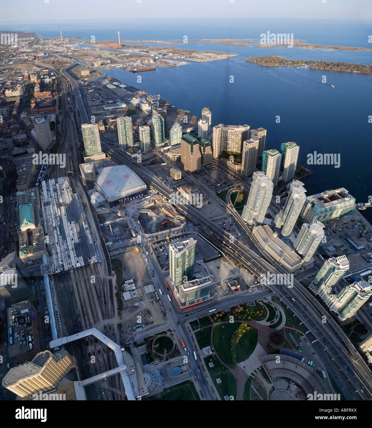 Aerial view of Toronto Union Station and Harbourfront Toronto Islands