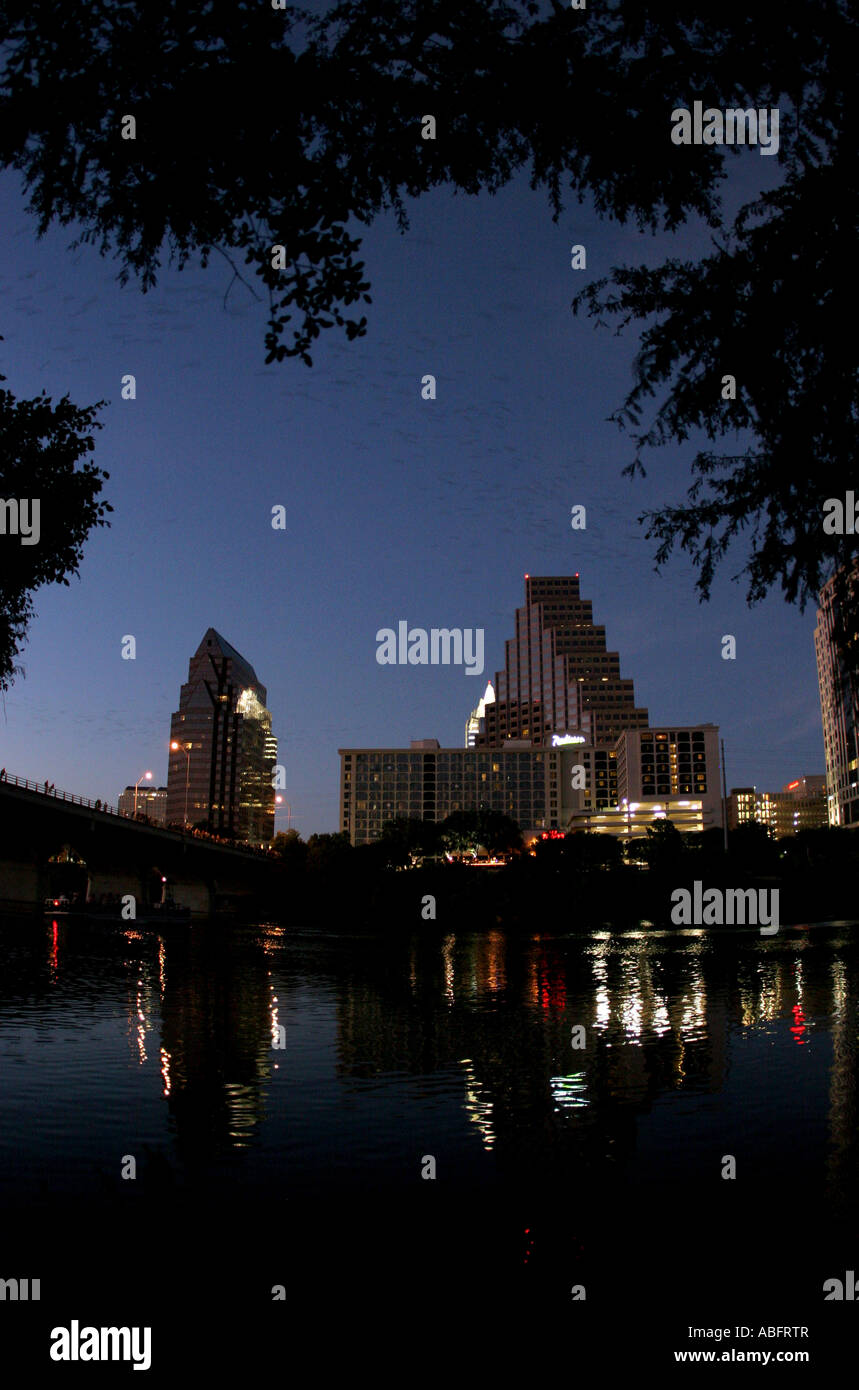 Skyline and Congress Avenue bridge in downtown Austin Texas USA Stock Photo