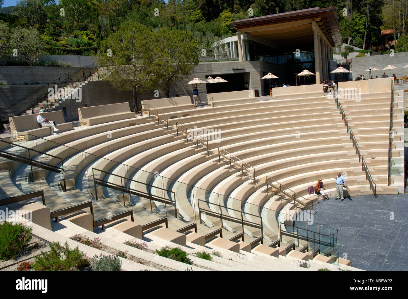 The Barbara and Lawrence Fleischman outdoor theater and restaurant cafe at the Getty Villa