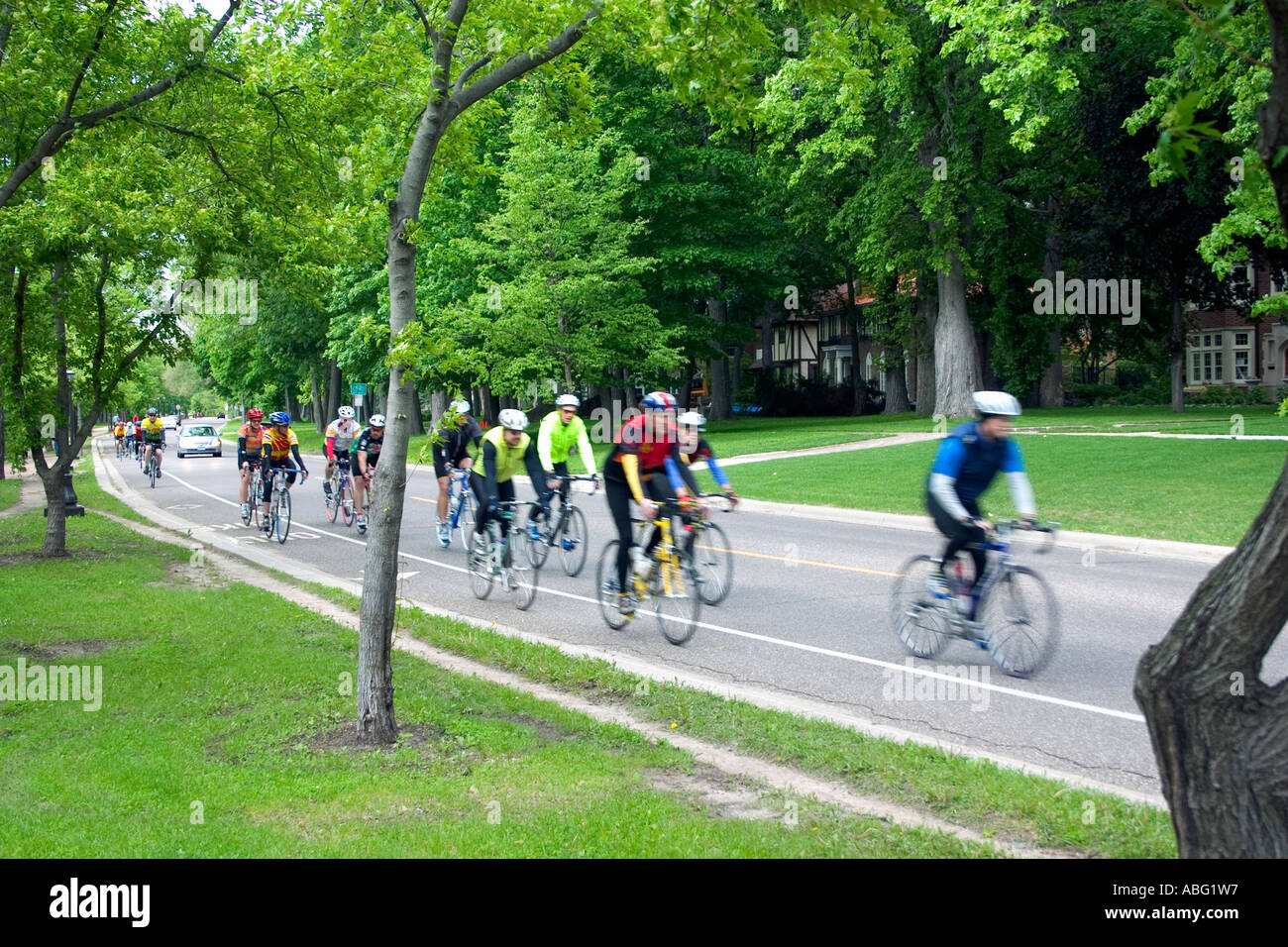 Bicycle group enjoying an outing on the Mississippi River Boulevard. St