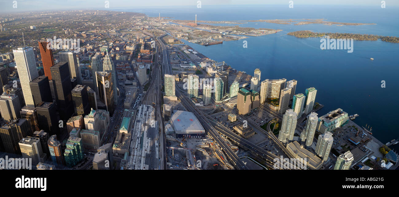 Panoramic aerial view of Toronto financial district and Harbourfront Toronto Islands and horizon of Lake Ontario from CN Tower Stock Photo