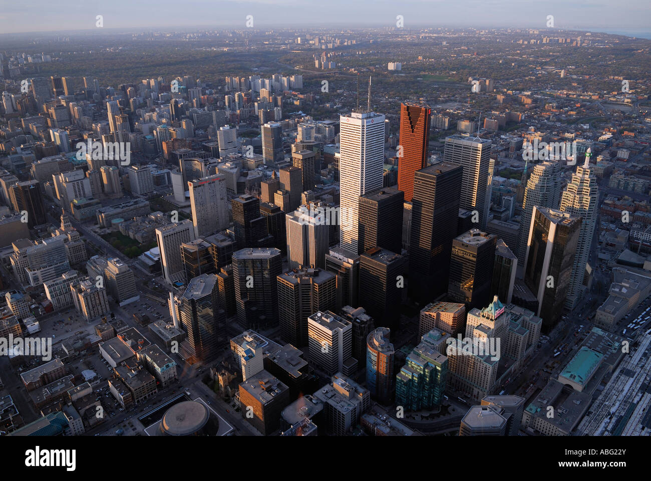 Aerial view of Toronto financial district from the CN tower with horizon at sunset Stock Photo