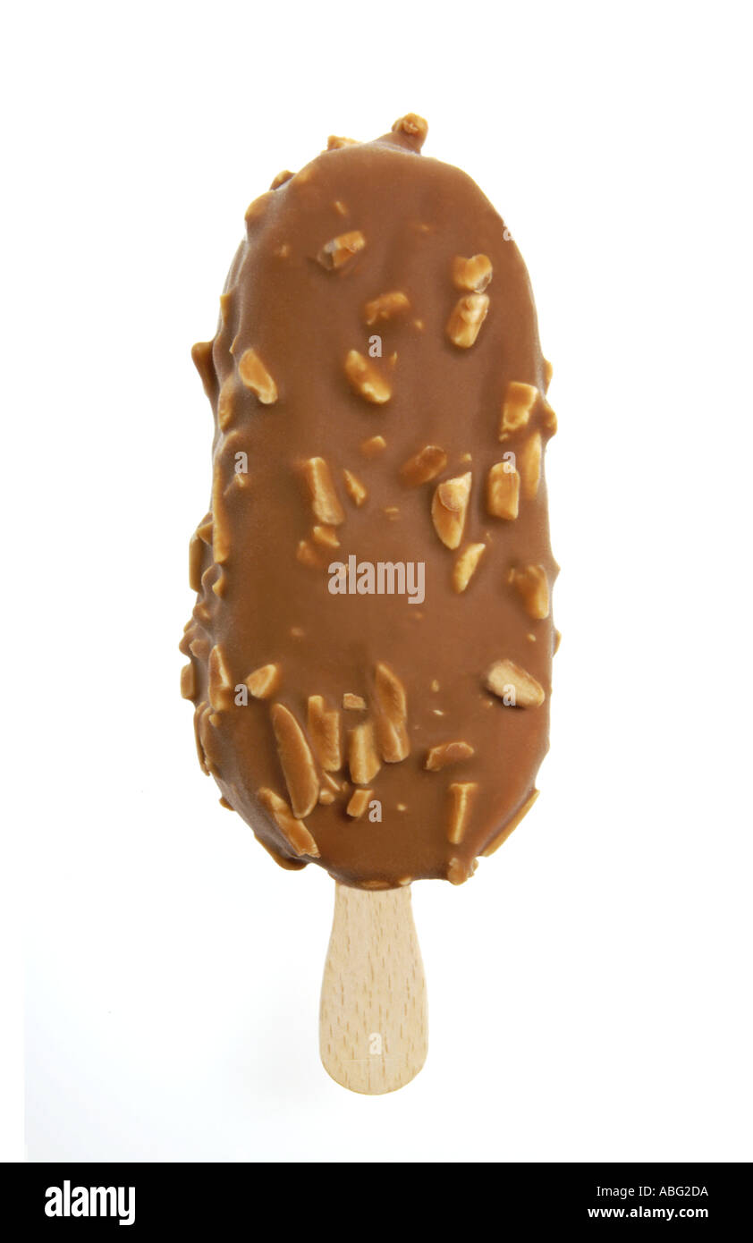 Caption ice cream icecream on a wooden stick handle stalk Stock Photo