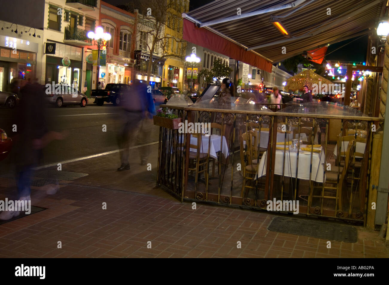 Sidewalk cafe in the Gaslamp restaurant area of downtown San Diego. Stock Photo