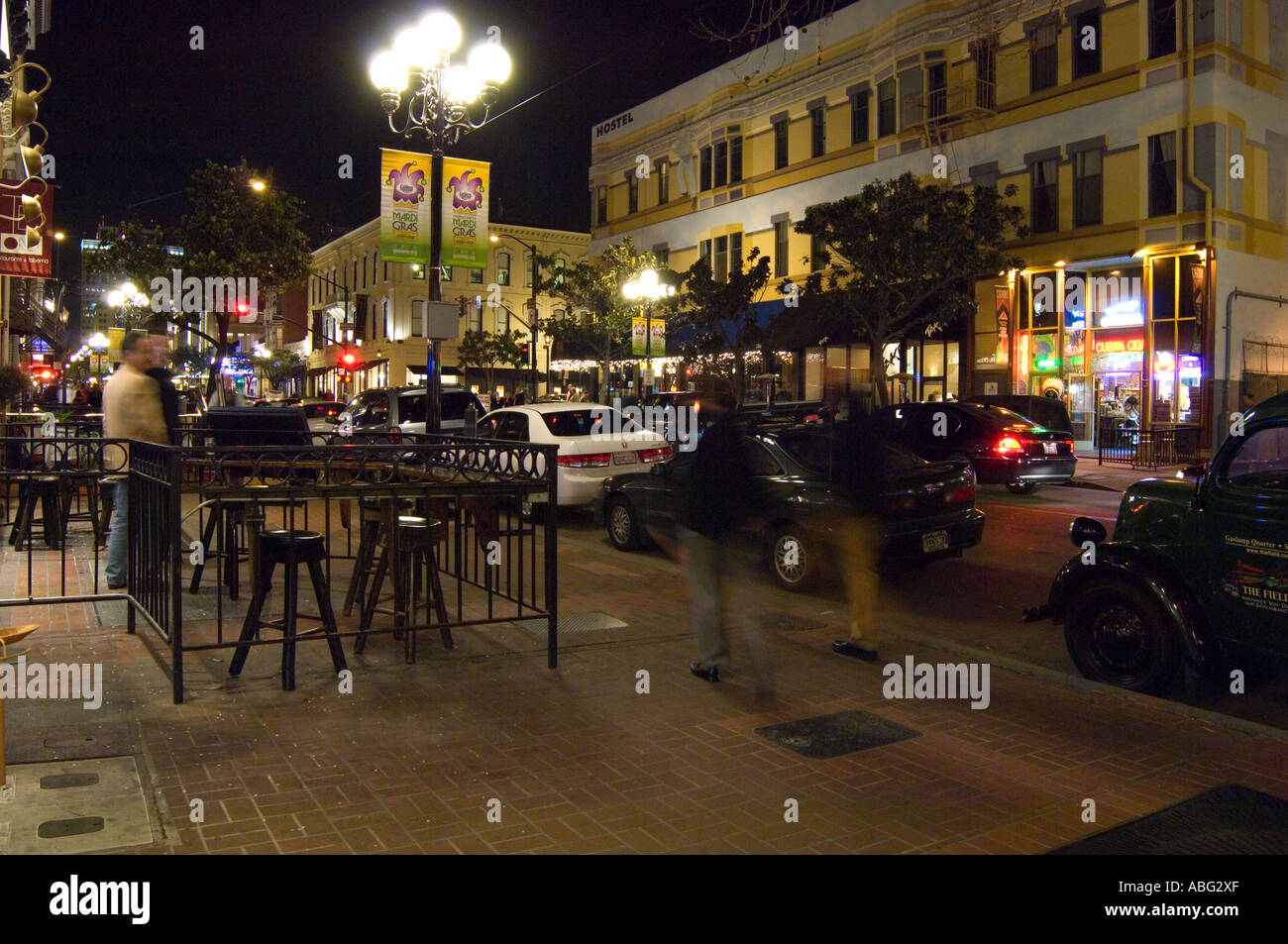 Night time in the Gaslamp restaurant area of downtown San Diego Stock Photo