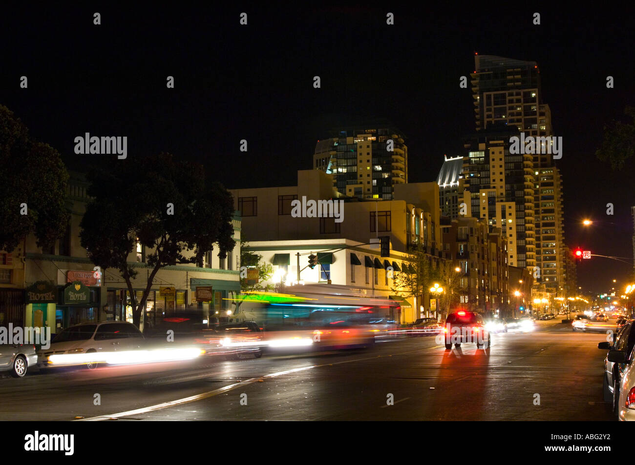 Night time in the Gaslamp restaurant area of downtown San Diego Stock Photo