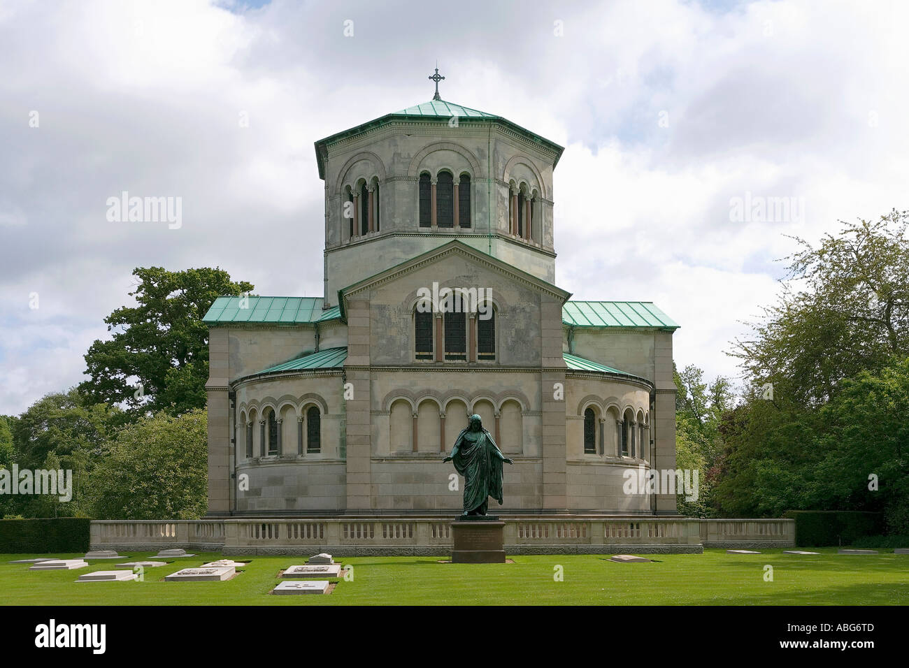 The Royal Burial Ground adjacent to the Royal Mausoleum at Frogmore, Windsor with Rasmussen's Christ Figure Stock Photo