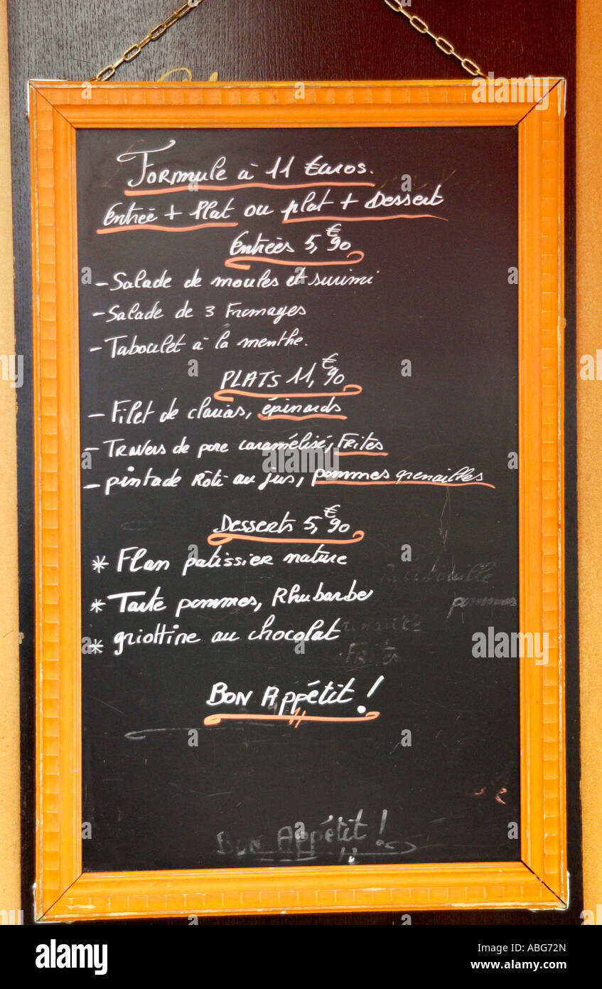 A daily menu board in an artists cafe in Montmarte Paris France 2006 Stock Photo
